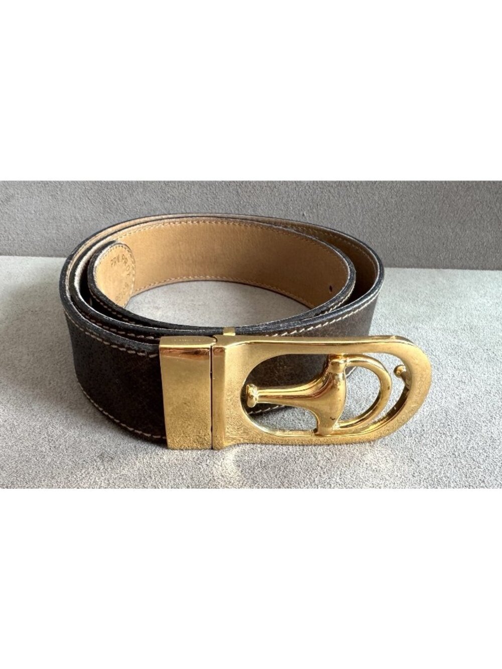 Vtg Signed GUCCI HORSEBIT BUCKLE Brown/Tan LEATHER BELT Reversible 33.5" Longest